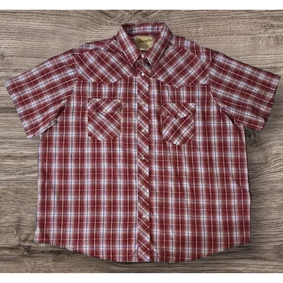 Wrangler Western Red Plaid Pearl Snap Cowboy Shirt Short Sleeve Mens Size 2XL - Picture 1 of 12
